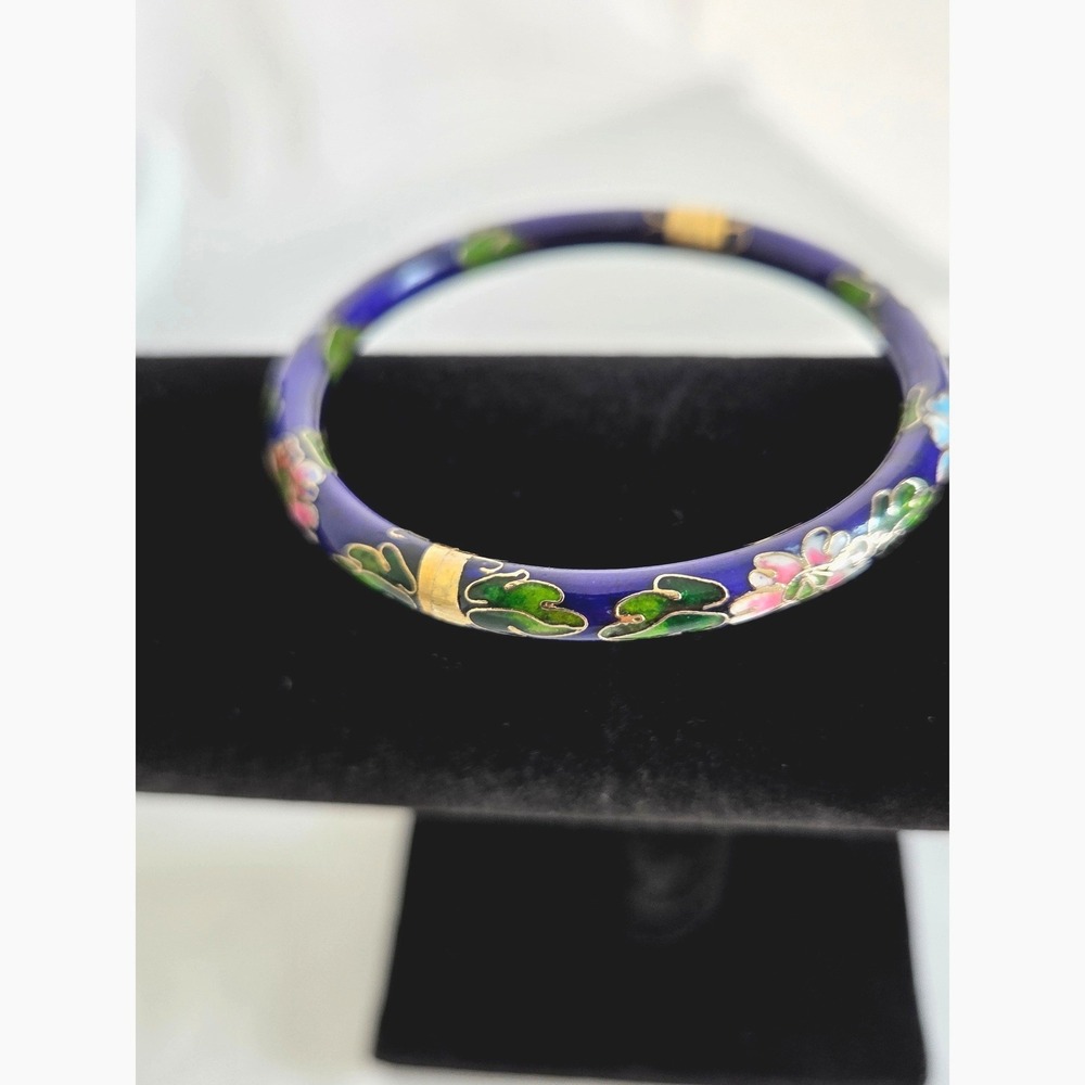 Vintage Cloisonne Enamel Floral Bangle Bracelet Cobalt Blue Gold Tone Hinge